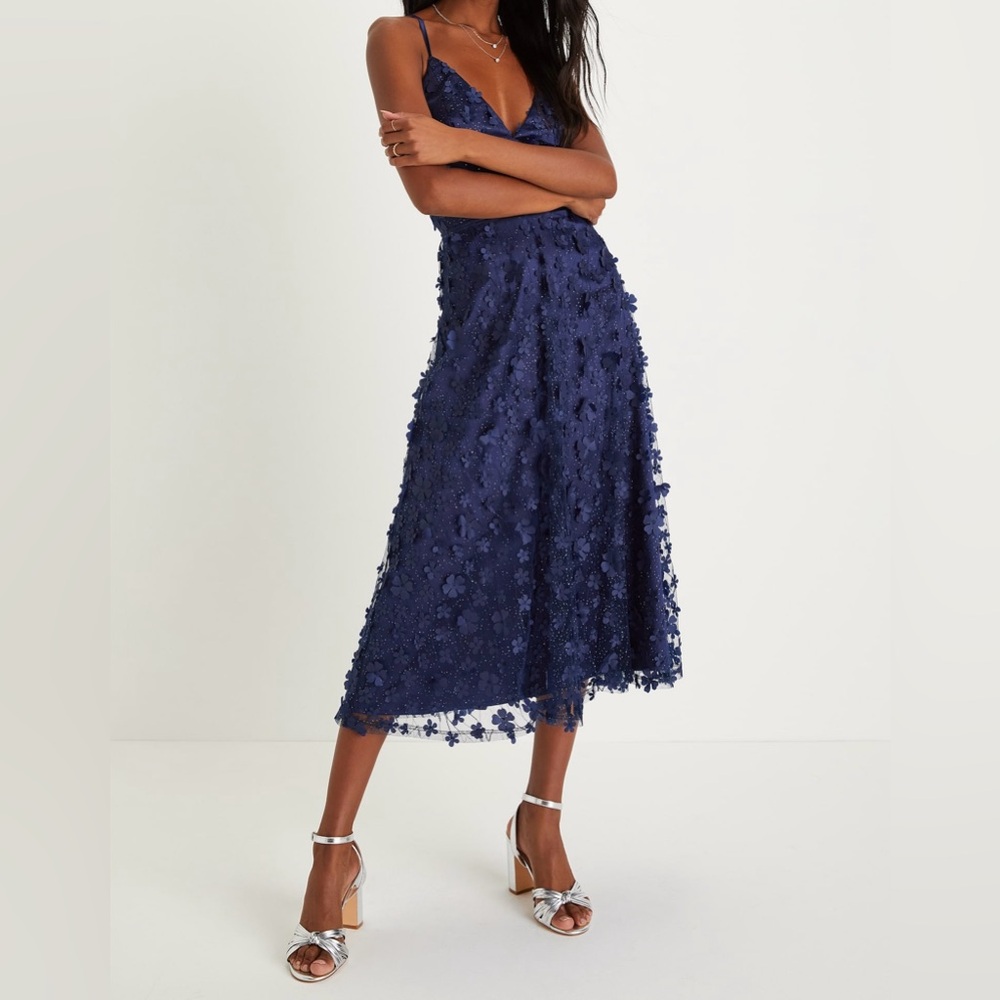 Lulus Navy 3D Floral Glitter Midi Dress